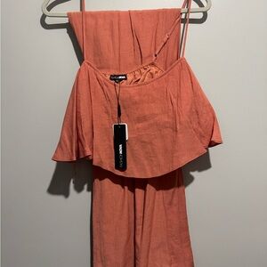 Women's Coral Wide-Leg Jumpsuit with Ruffle Bodice